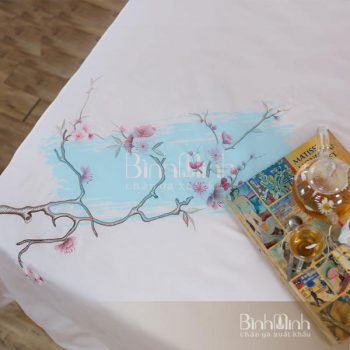 Bộ chăn ga gối thêu tay hoa đào