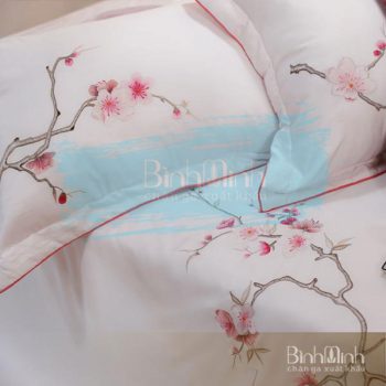 Bộ chăn ga gối thêu tay hoa đào